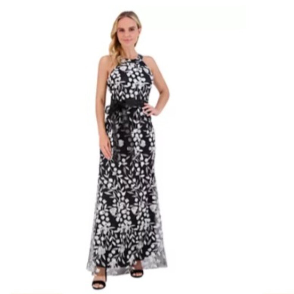 NWT Eliza J Petite Floral-Embroidered Sleeveless Gown, Size 4P (Black and White)